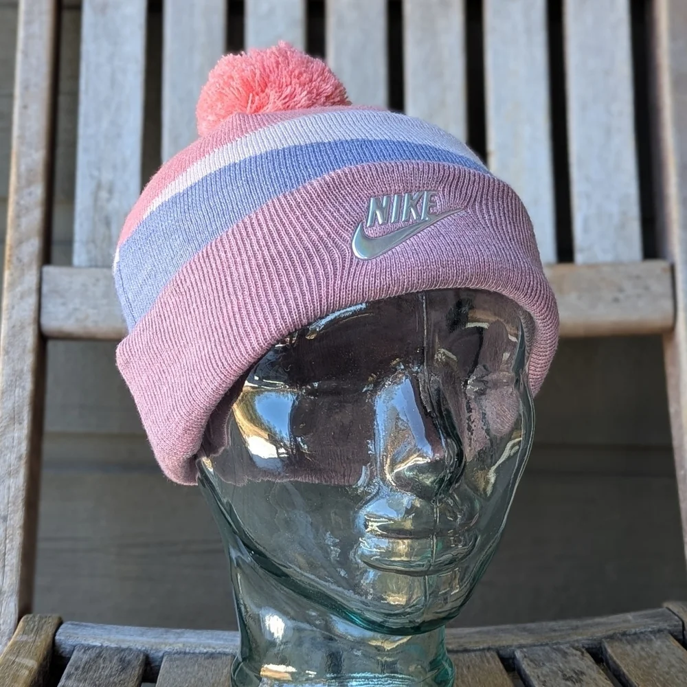 Nike Kids Pink Lavender Coral Silver Swoosh Pom Pom Beanie Youth One Size